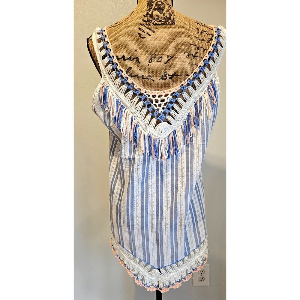 Miss Koo Paris Fringe Blouse Knit Crochet Cotton Blend Festival Boho Shirt Sz L - Picture 5 of 11